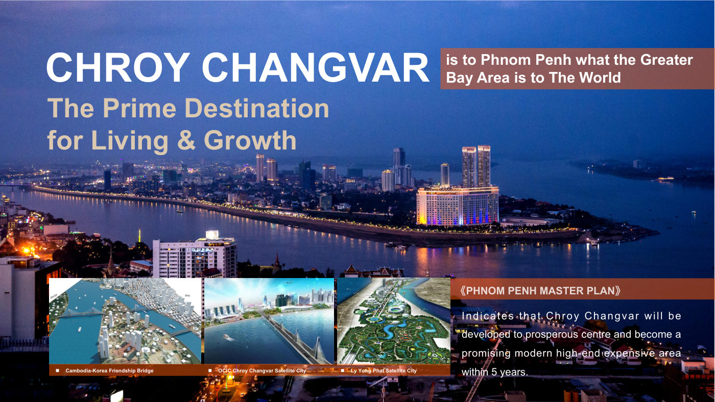 Aerial night view of the Chroy Changvar peninsula, Phnom Penh